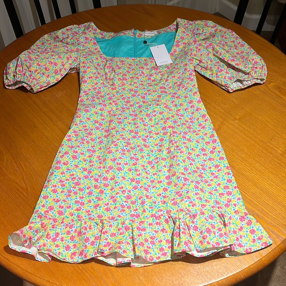 NWT. Super cuter flower dress. Lined with puff sleeves. Zippered back Small